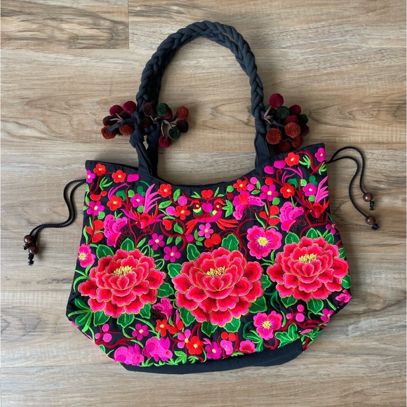 Colorful Pink and Black Floral Embroidered Purse - Made in India - Picture 7 of 17